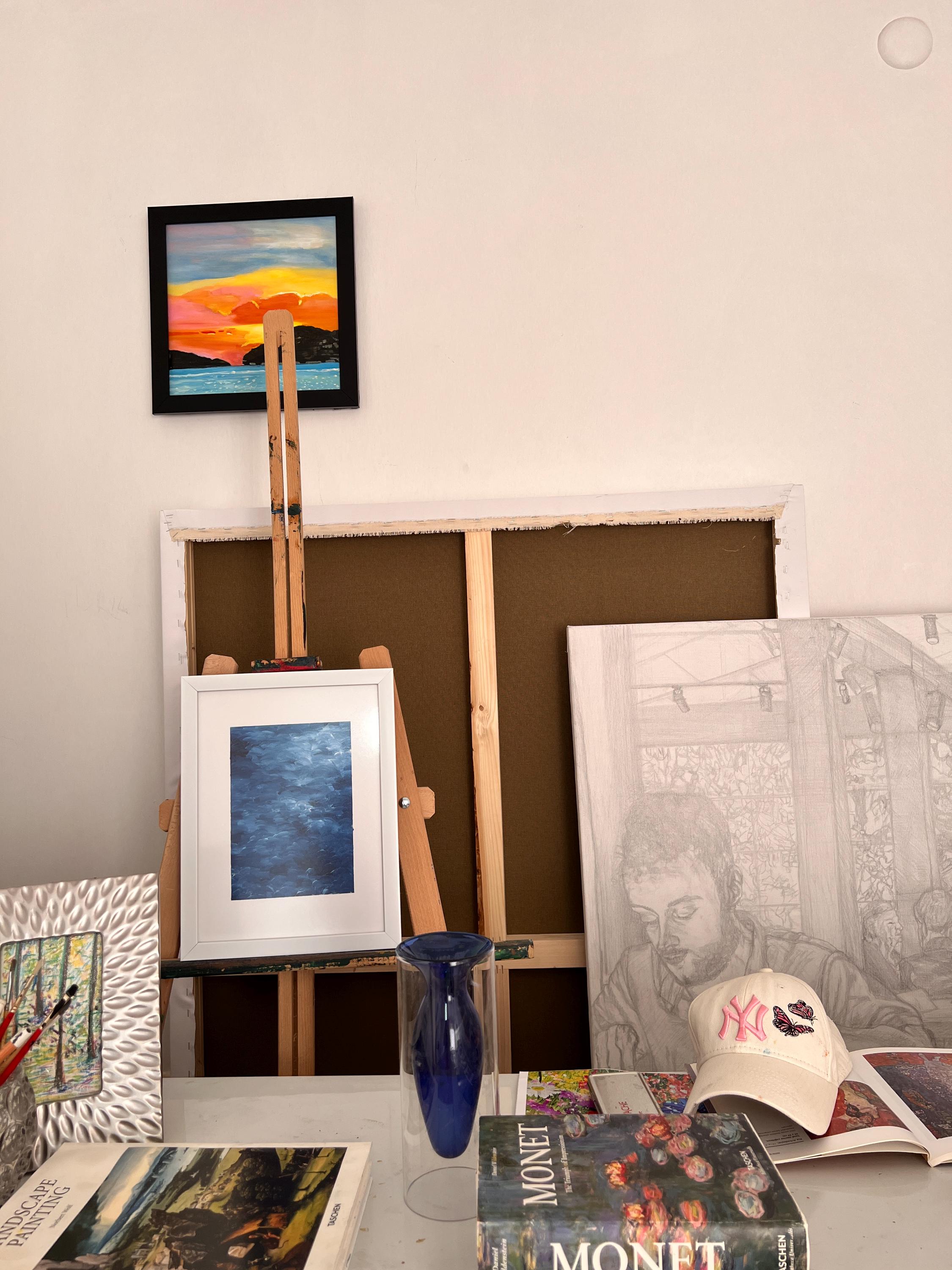 Abstract Seascape Oil Painting – Minimalist Art, White Frame