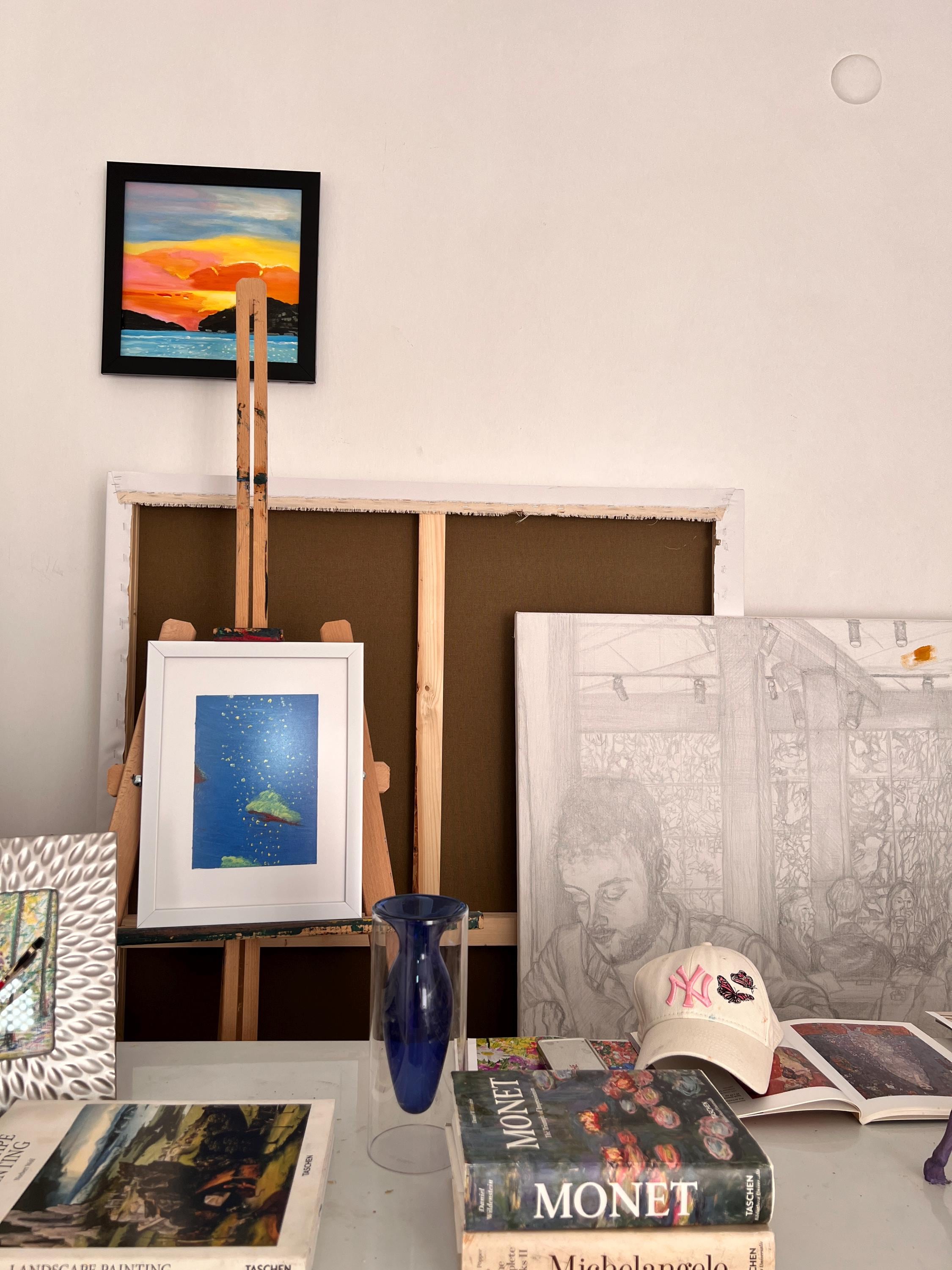 Abstract Blue Oil Painting - Minimalist Art with White Frame