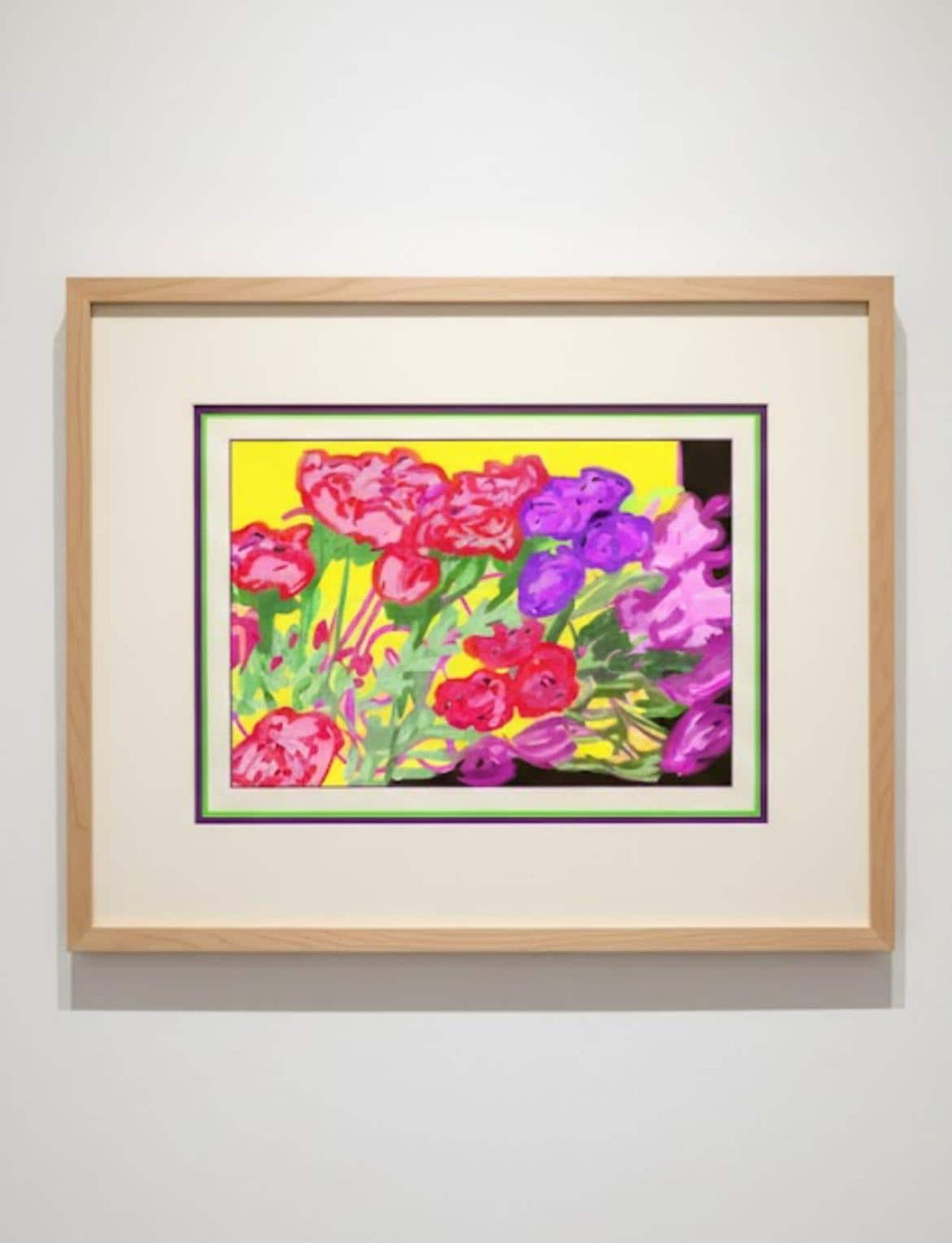 Fovist Çiçek Patlaması | Parlak Sarı Zemin Üzerinde Pembe Mor Enerji | Yüksek Kontrastlı Botanik Sanat | Dijital İndirilebilir Baskı